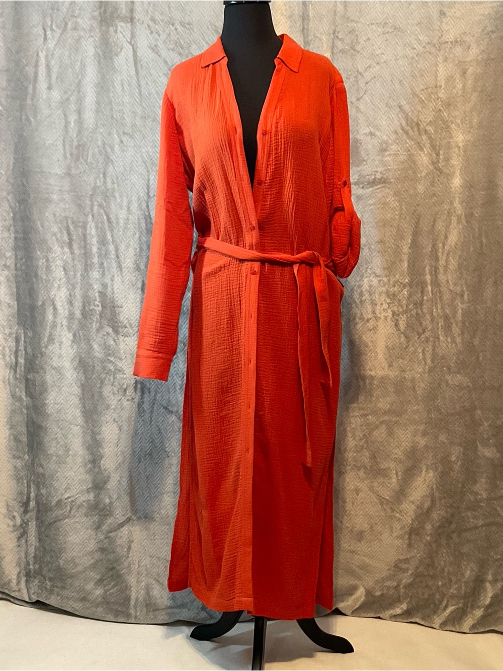 Calvin Klein Vibrant Red Belted Button-Front Robe Dress
